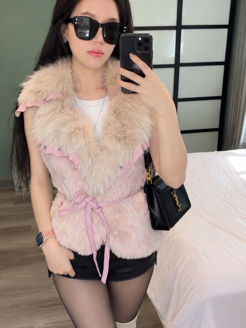 Vintage Y2K Pink Fox Fur Rabbit Fur Leather Belted Equestrian Vest XS XXS